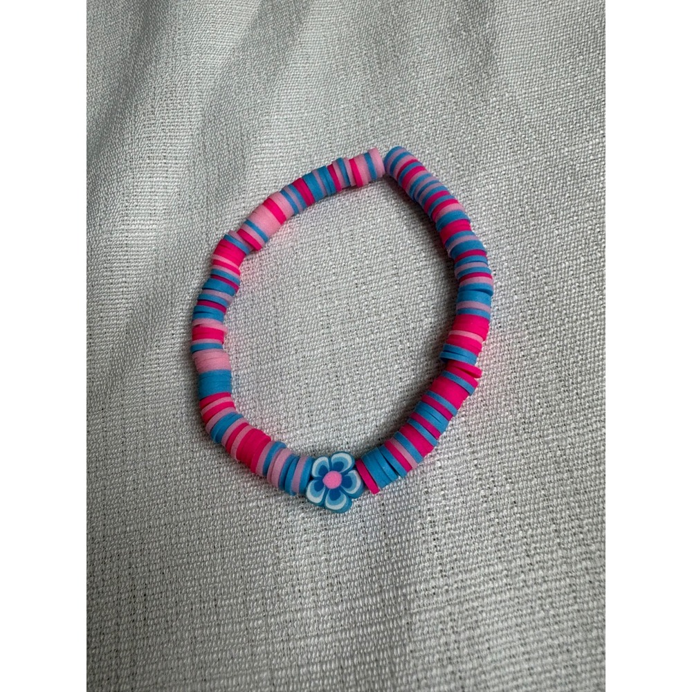 Handmade Heishi Bead Stretch Bracelet Pink Blue Flower Charm Y2K Boho